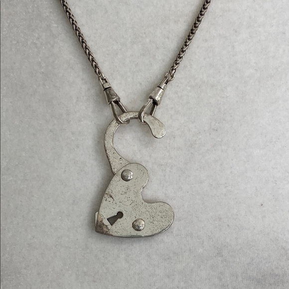 Fossil Silver Heart Padlock Necklace with Keyhole Vintage Bohemian Whimsical - Picture 8 of 13